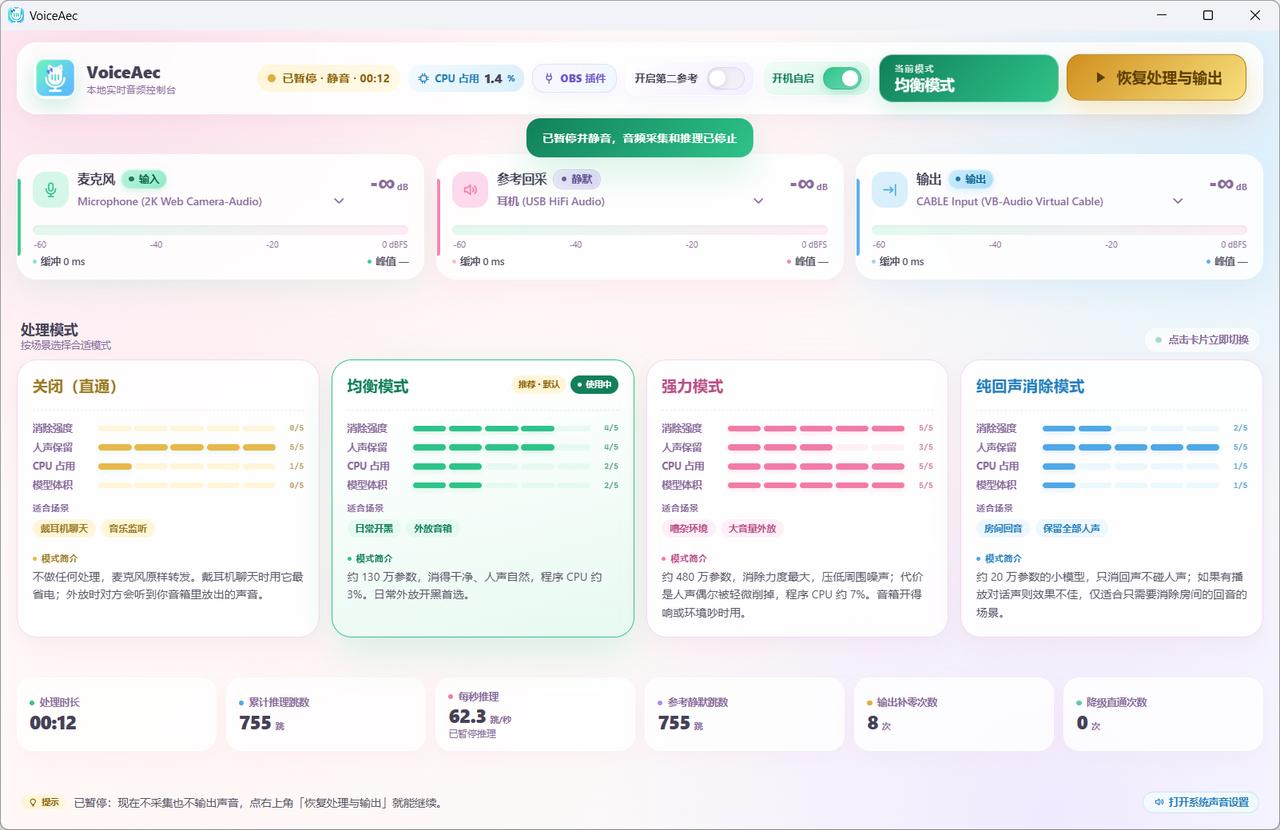 VoiceAec 暂停状态：顶栏显示已暂停静音，按钮变为恢复处理与输出，电平归零